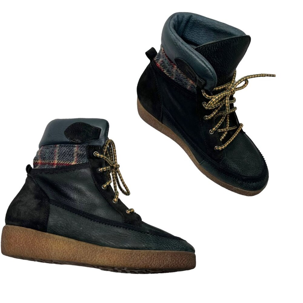 coolway Black Leather Plaid trim Lace Up Ankle Boots US 7